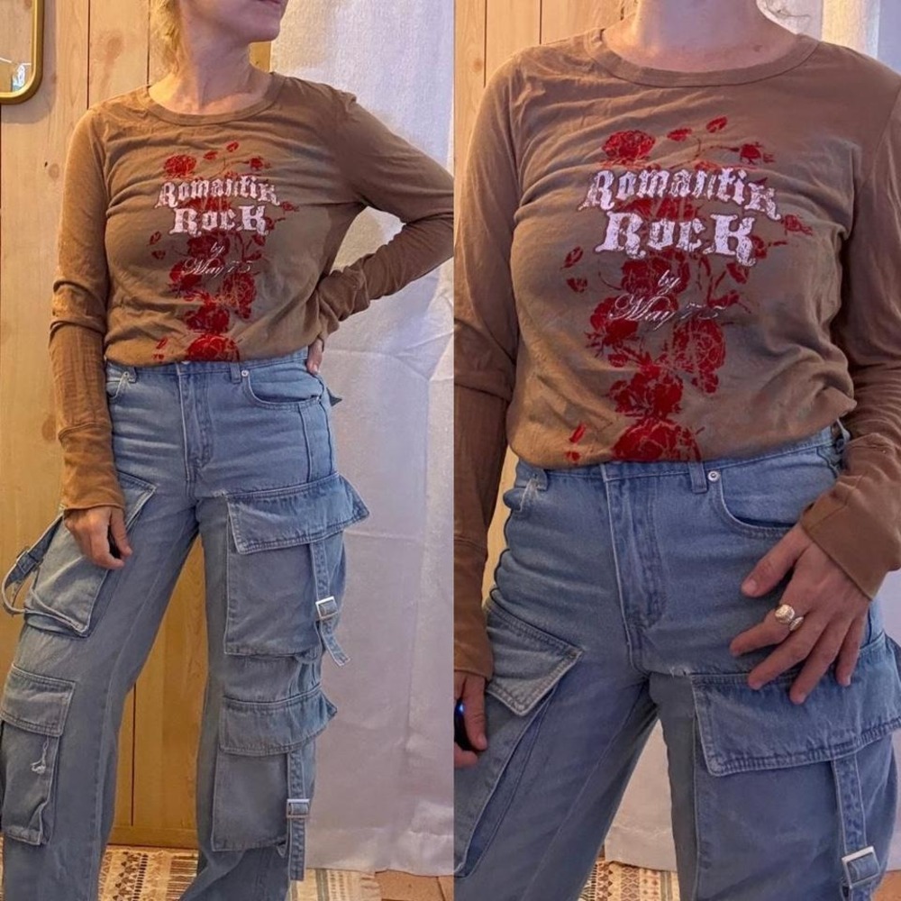 Y2k Brown Graphic Shirt Long Sleeve Top Womens Size Small Western Rock Rose